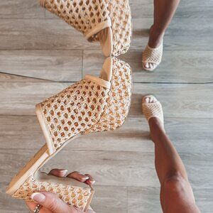 AMAZING LACE Tan Woven Platform Sandal Heels